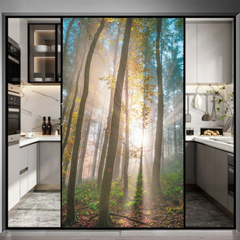 

Privacy Stained Window Film Forest Pattern Frosted Sun Blocking Glass Window Stickers Static No Glue for Glass Door Flim
