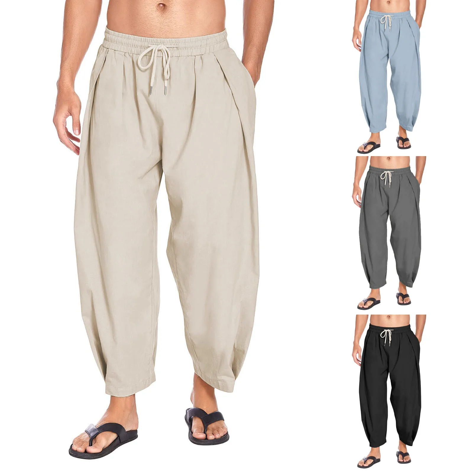 

Новое поступление, мужские хлопковые брюки Harlan из конопли, повседневные капри на шнурке, легкие свободные пляжные брюки для йоги с карманами