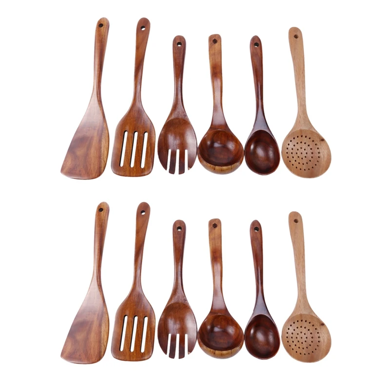 

ABHU Wooden Utensils Set Of 12, Large Kitchen Cooking Utensil For Non Stick Cookware, Natural Teak Wood Spoons Spatula Ladle