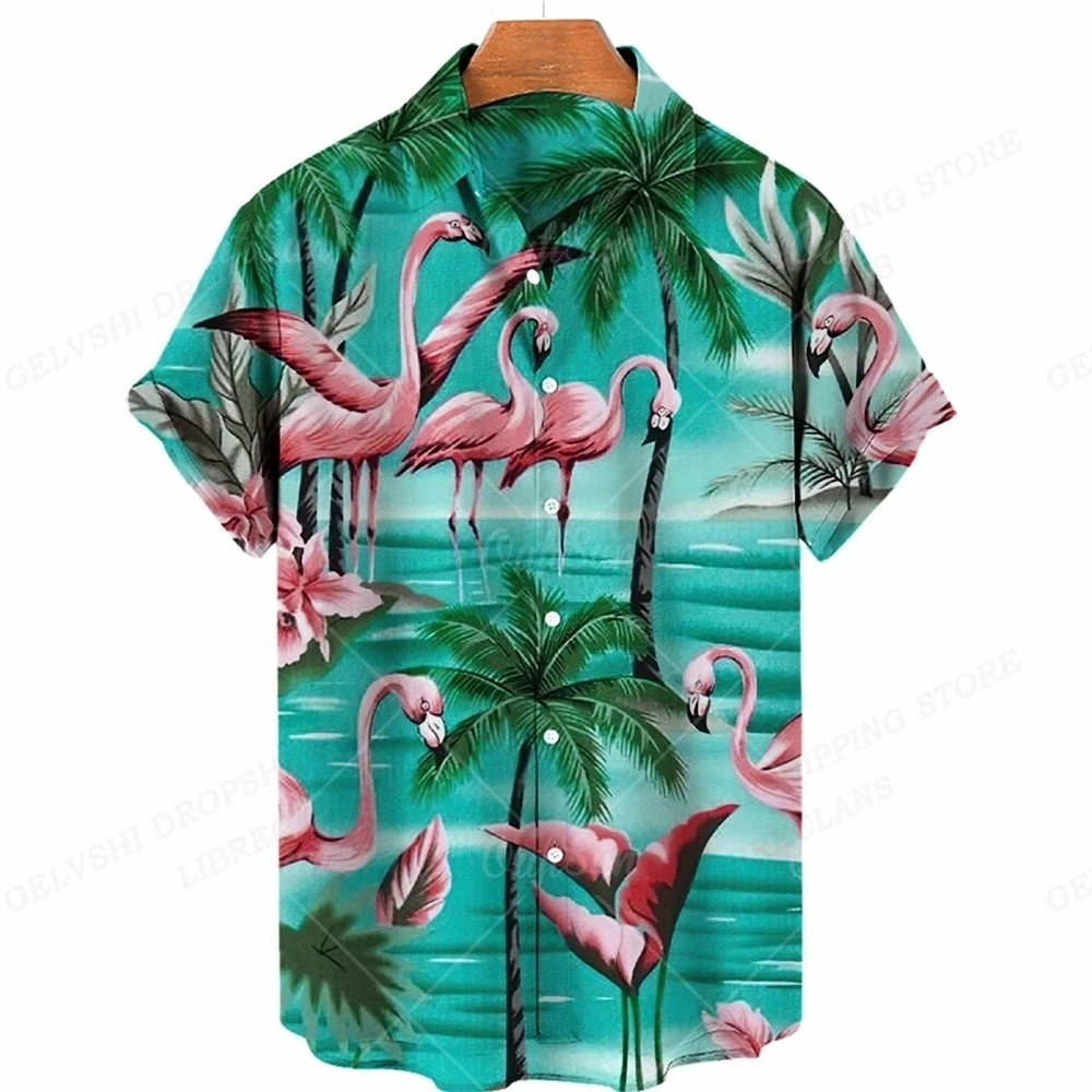 

Hawaiian Fashion Tropic Flamingo Summer Men's Floral Men Casual Retro Social Shirt 3D Print Blouse Cadiz Dress Slim Fit Camisas