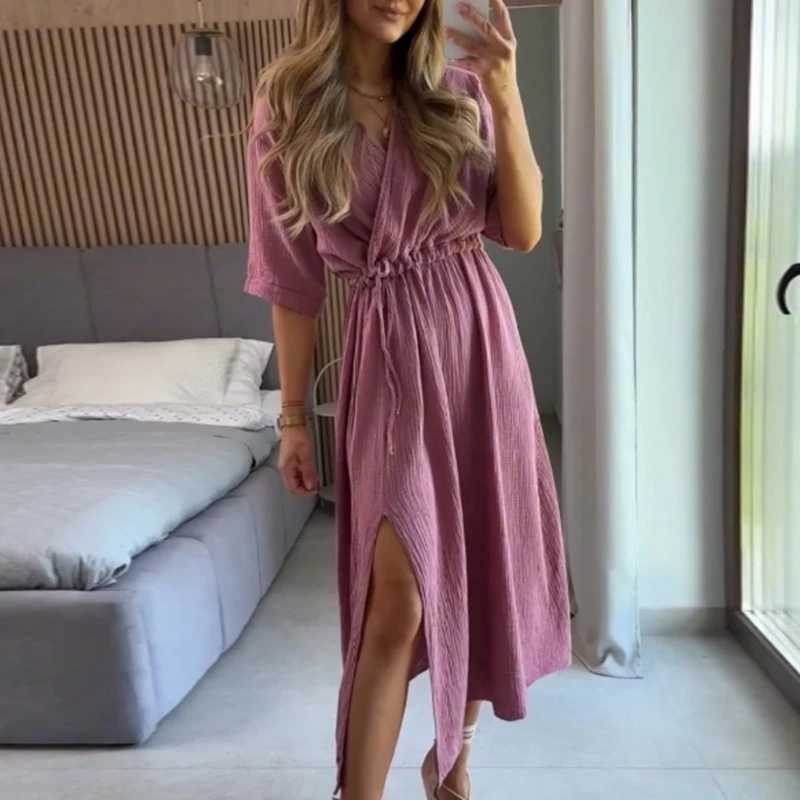 Summer Solid Color A-line Dress New V Neck Half Sleeve High Waist Drawstring Dress Fashion Casual Cotton Beach Split Long Dress
Summer Solid Color A-line Dress New V Neck Half Sleeve High Waist Drawstring Dress Fashion Casual Cotton Beach Split Long Dress