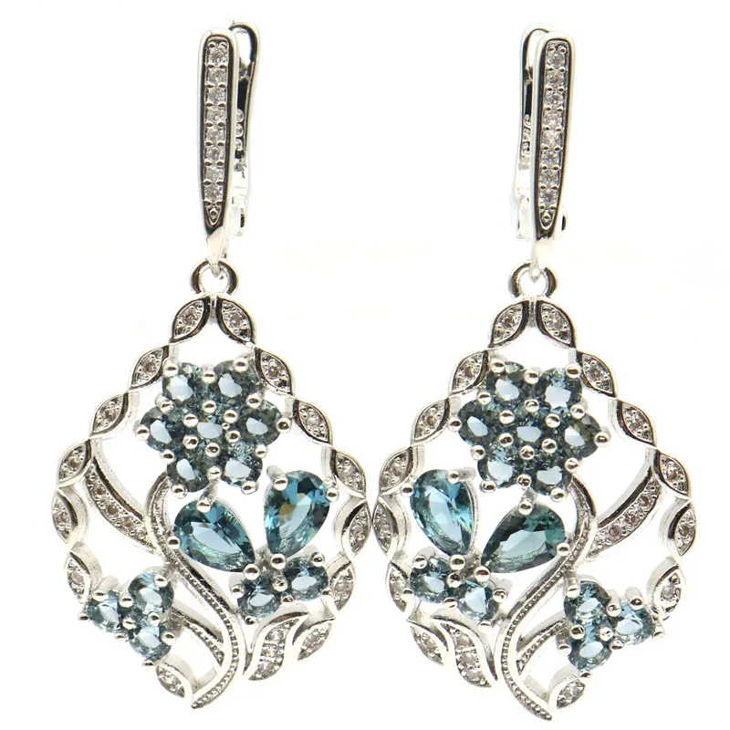 

44x21mm Romantic Rich Blue Violet Tanzanite London Blue Topaz White CZ Woman's Engagement Silver Earrings