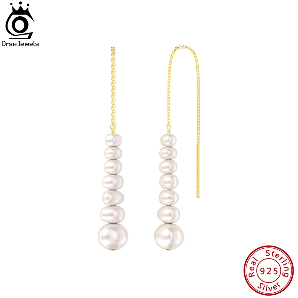 

ORSA JEWELS 14K Gold 925 Sterling Silver Long Chain Dangle Earrings with Irregular Baroque Pearl for Women Fashion Jewelry GPE72