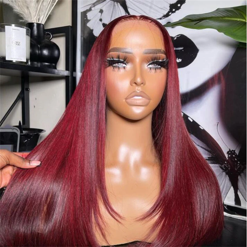 

99J Glueless Soft Deep Long 26 inch 180 Density Straight Burgundy Lace Front Wigs For African Women Babyhair PrePlucked Daily