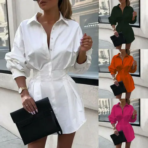 Dress Women Summer new pure color lady turn down collar shirt waist button decoration mini Dresses Casual
Dress Women Summer new pure color lady turn down collar shirt waist button decoration mini Dresses Casual