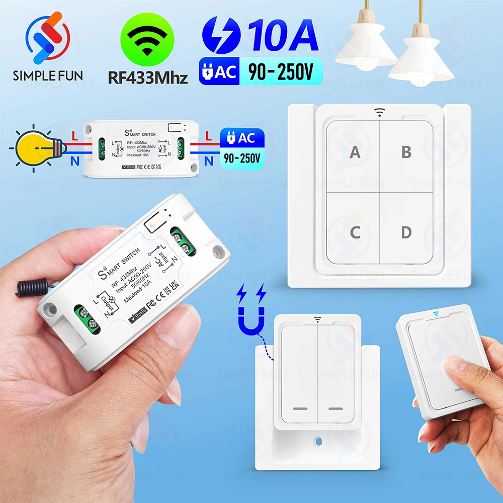 

433MHz Wireless Remote Control Light Switch 220V,Wireless Push Button Wall Switch,10A Relay Module,for Light/Ceiling Lamp/LED