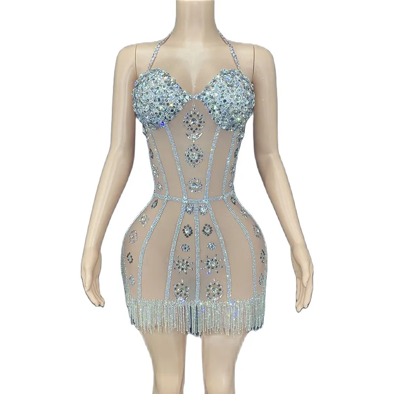 Rhinestone Sexy Silver Crystals Fringe Transparent Mini Dress Birthday Costume Evening Birthday Dancer
Rhinestone Sexy Silver Crystals Fringe Transparent Mini Dress Birthday Costume Evening Birthday Dancer