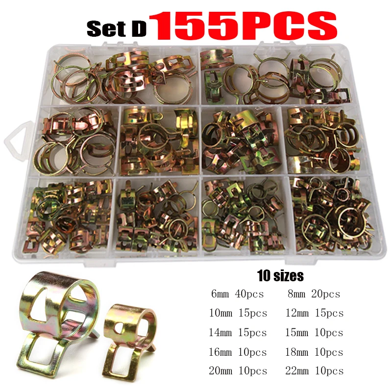 155/100/75PCS 6/8/10/12/14/15/16/18/20/22mm Car Truck Spring Clips Fuel Oil Water Hose Clip Pipe Tube Clamp Fastener Assortment
155/100/75PCS 6/8/10/12/14/15/16/18/20/22mm Car Truck Spring Clips Fuel Oil Water Hose Clip Pipe Tube Clamp Fastener Assortment