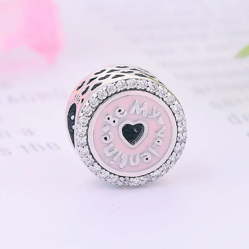 

FC Jewelry Fit Original Charm Bracelet 925 Sterling Silver Letter Be My Valentine Pink Heart Bead For Making Women Berloque 2022