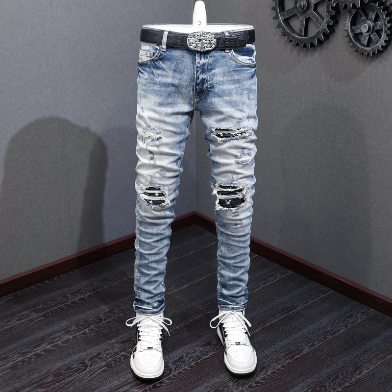 

High Street Fashion Men Jeans Retro Washed Blue Elastic Stretch Skinny Fit Ripped Jeans Men Patched Designer Hip Hop Brand Pants