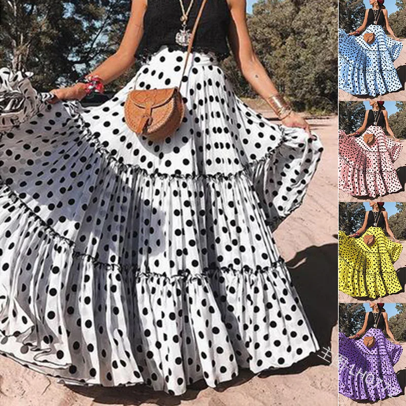 

Fashion Loose Women Skirts Korean Style Polka Dot Printed Ruffled Pleated Skirt High Waist Ball Gown Платье Летнее 2024 Summer