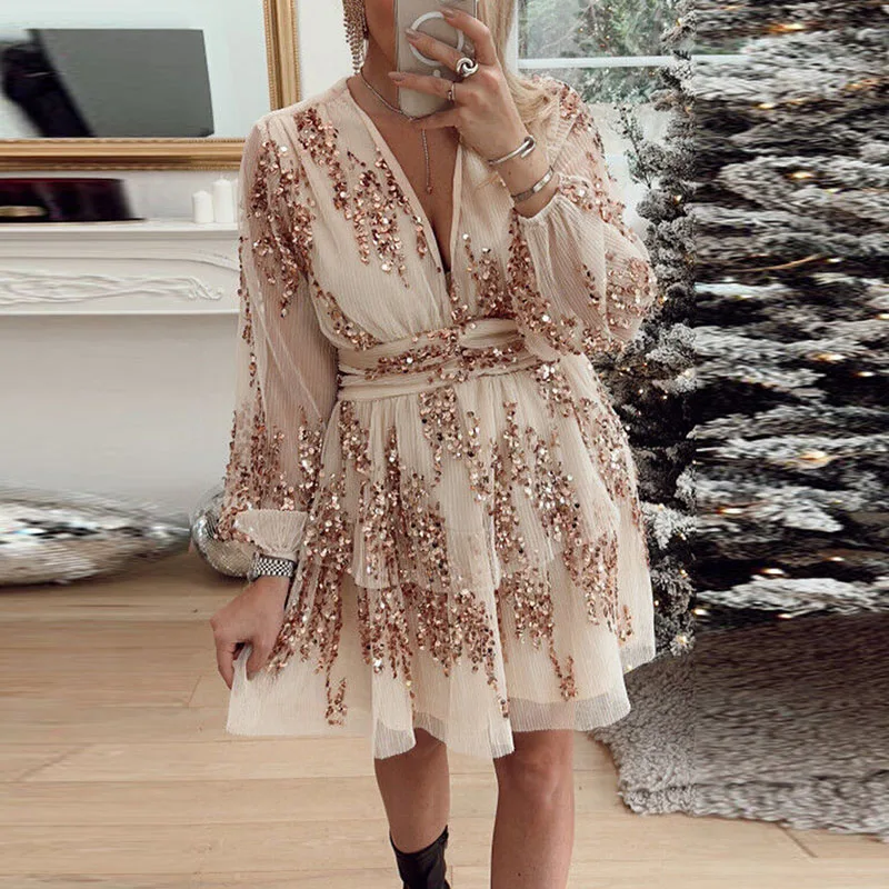 Female Sequin V Neck Long Sleeve Dress Elegant Temperament Pleated Mini Party Dress Sexy Ruffles A-Line High Waist Layered Dress
Female Sequin V Neck Long Sleeve Dress Elegant Temperament Pleated Mini Party Dress Sexy Ruffles A-Line High Waist Layered Dress