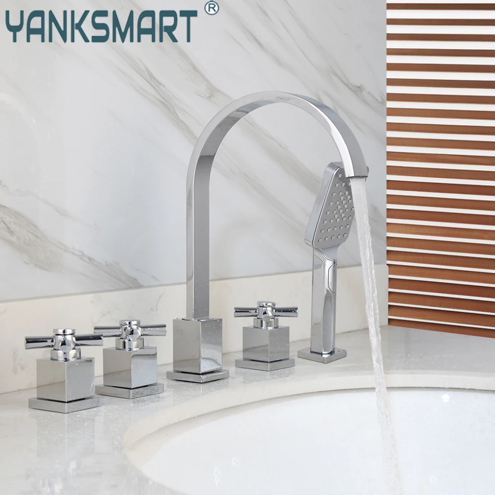 

YANKSMART Luxury Chrome Polished 5Pcs Bathroom Bathtub Faucet Basin Sink Deck Mounted Waterfall Faucets Mixer Water Tap Set