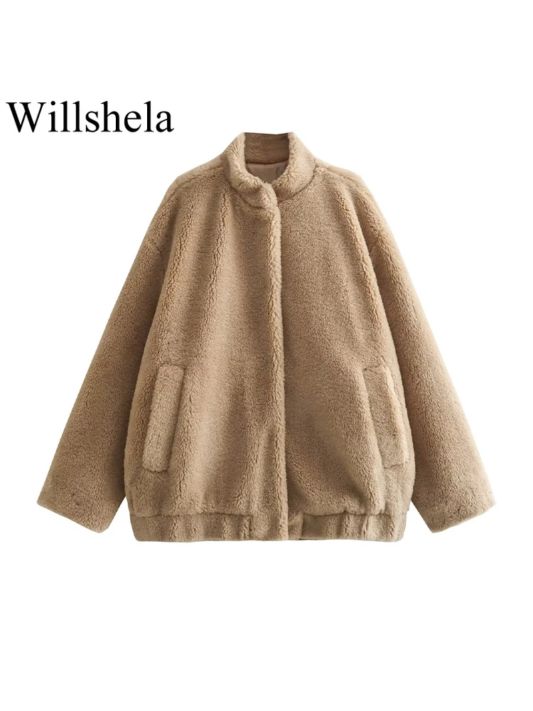 

Willshela Женская модная флисовая однобортная куртка-бомбер цвета хаки винтажная Женская одежда с круглым вырезом и длинными рукавами
