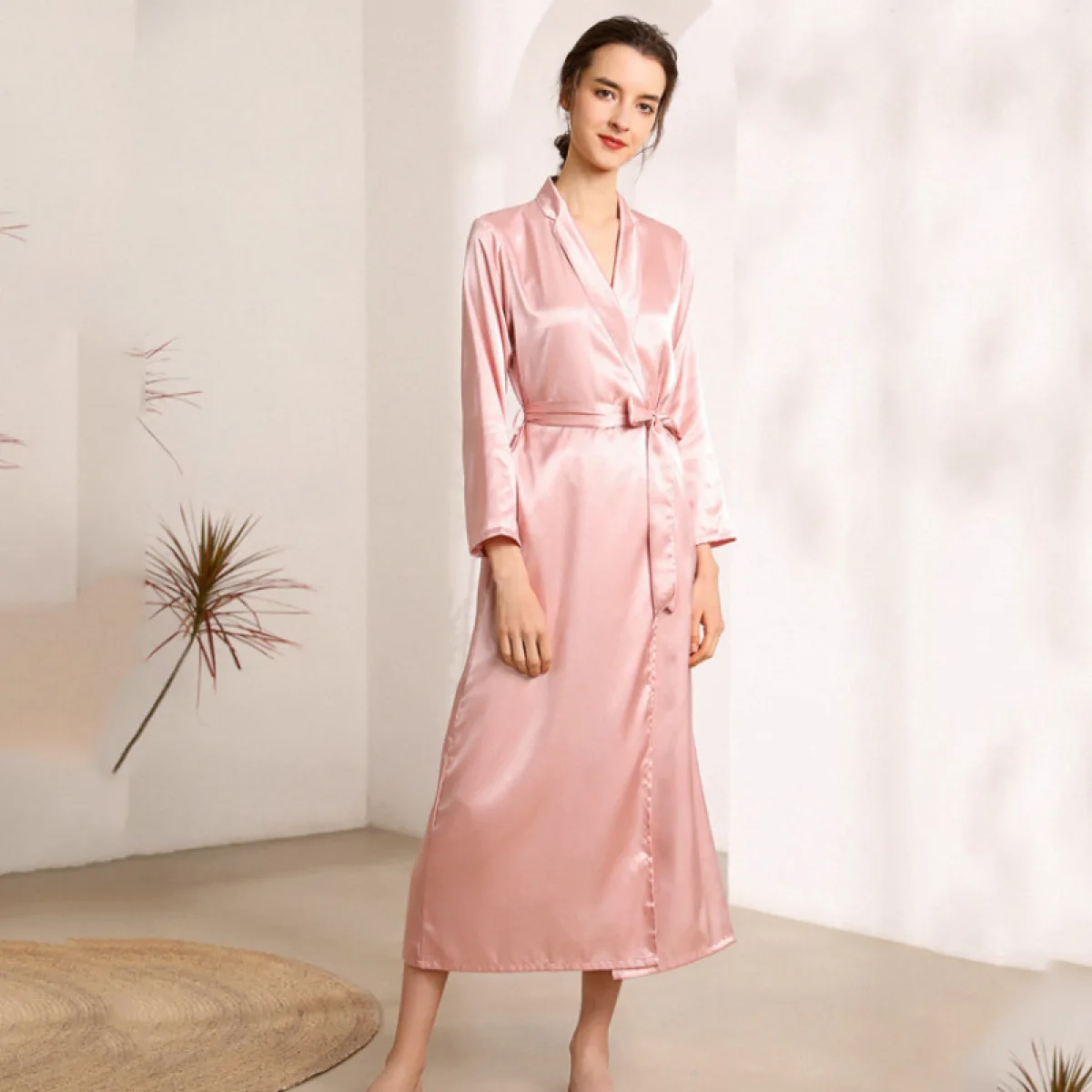 

Women Nightgowns Silk Satin Belt Robes Lapel V-Neck Long Bathrobes Nightdress Female SleepDress Sleepwear Nightwear Homewear