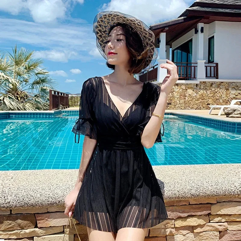 Women Push Up Black Mesh Swimsuit Ladies Short Sleeve Swimming Suit One Piece Skirt Bathing Suit Korean Fashion Swim Dress New
Women Push Up Black Mesh Swimsuit Ladies Short Sleeve Swimming Suit One Piece Skirt Bathing Suit Korean Fashion Swim Dress New