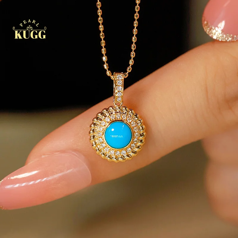 

KUGG 18K Yellow Gold Necklace Vintage Palace Style Real Natural Turquoise Gemstone Pendant Necklace for Women Birthday Gift