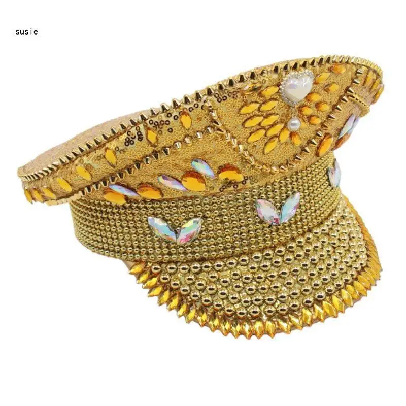 

X7YA Fashion Sergeant Cap with Rhinestones Bridal Shower Hat Bachelorette Party Cosplay Hat Night Club Captain Hat Headdress