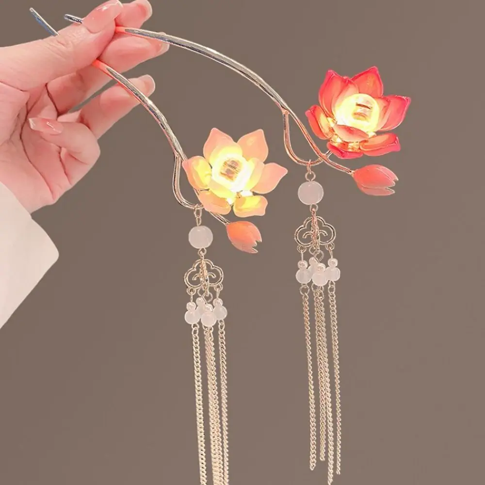 

Alloy Lantern Hairpin Luminescent Flower LED Light Hair Fork Hair Chopstick Chinese Style Lotus Tassel Hair Stick