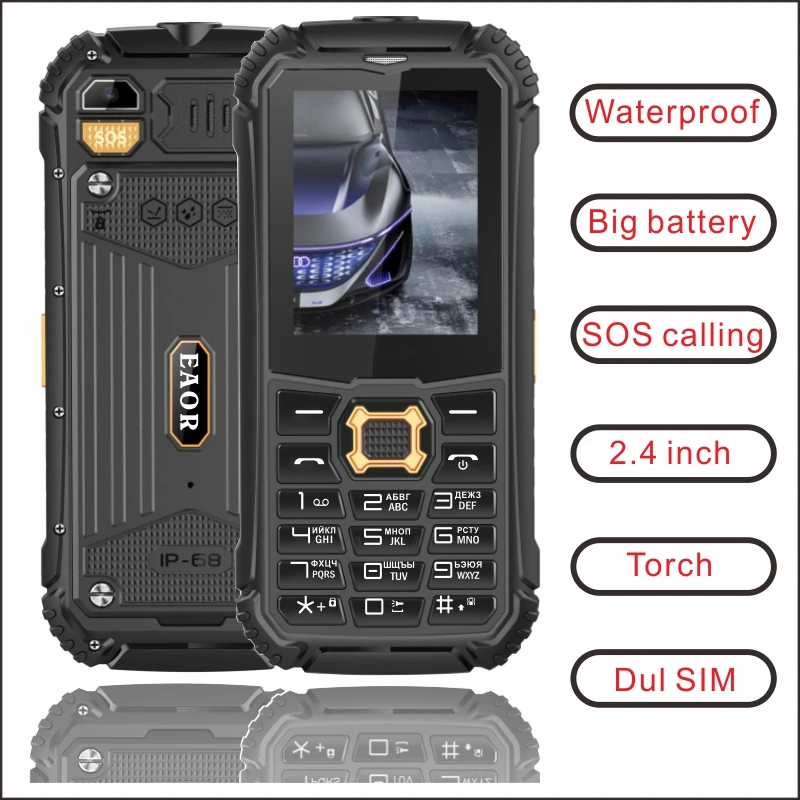 

EAOR 2G GSM Feature SOS IP68 Rugged Waterproof Dustproof Keypad Phone Dual SIM 2000mAh Big Battery Phone side key Torch