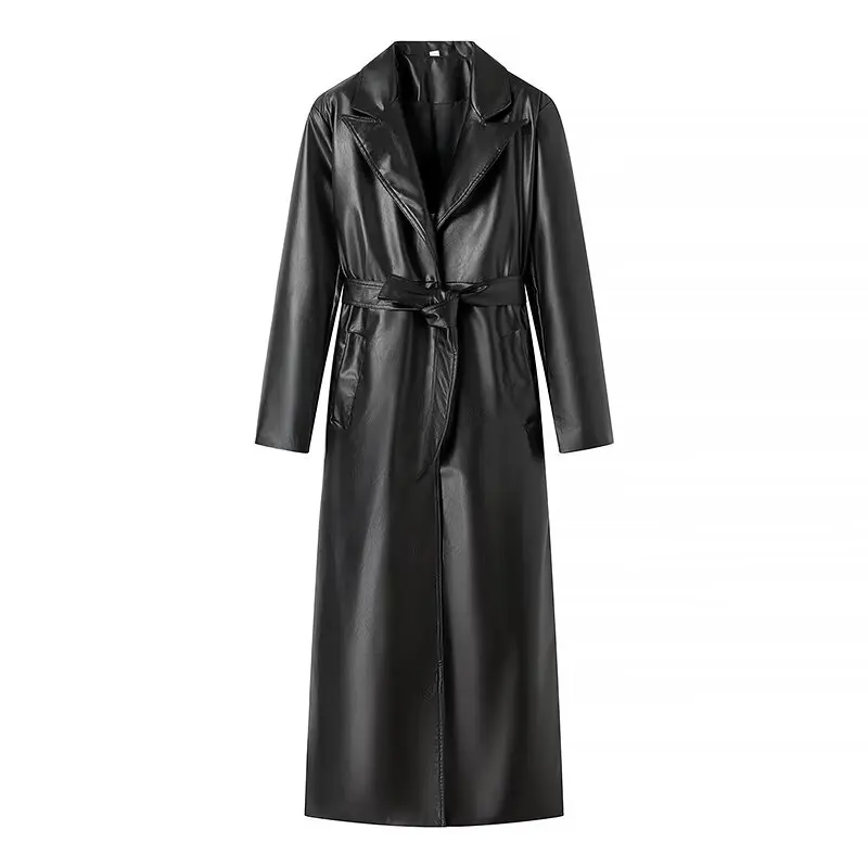 

Y2K TRAF Faux Leather Women's Trench Coat for Women 2024 Black Lace Up Luxury Elegant Long Outerwears Ladies Long Sleeve Coat