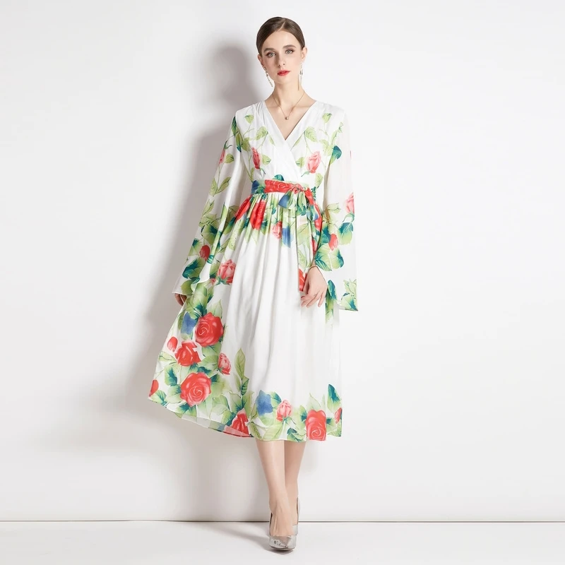 2022 Spring Autumn Women Print Runway Designer Elegant High Quality Temperament V Neck Lace Up Flare Sleeve Vintage Casual Dres
2022 Spring Autumn Women Print Runway Designer Elegant High Quality Temperament V Neck Lace Up Flare Sleeve Vintage Casual Dres