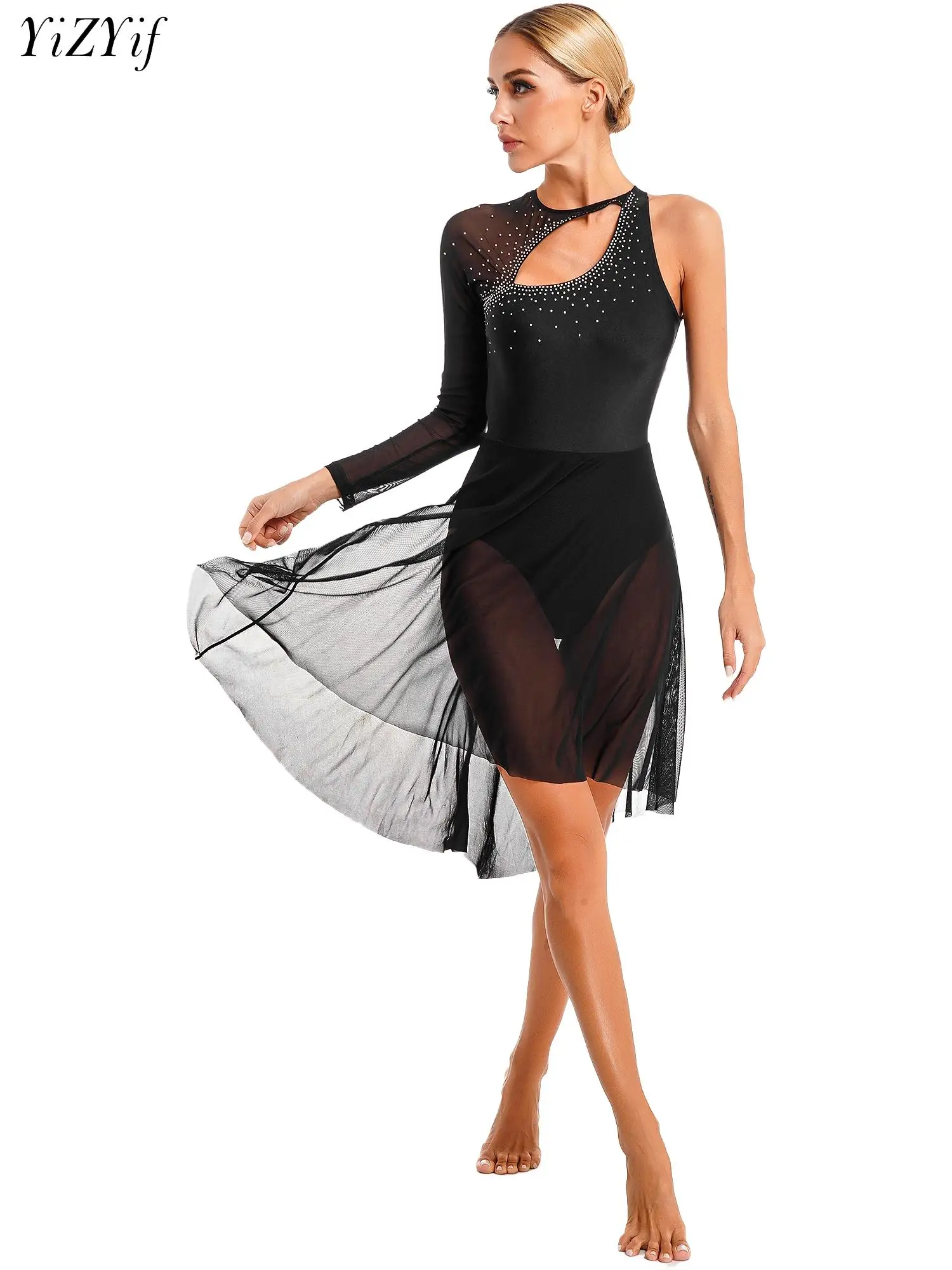 Womens Rhinestones Lyrical Dance Dress Figure Ice Skating One Shoulder Long Sleeve Cutout Sheer Mesh Flowy Dress Ballet Costume
Womens Rhinestones Lyrical Dance Dress Figure Ice Skating One Shoulder Long Sleeve Cutout Sheer Mesh Flowy Dress Ballet Costume