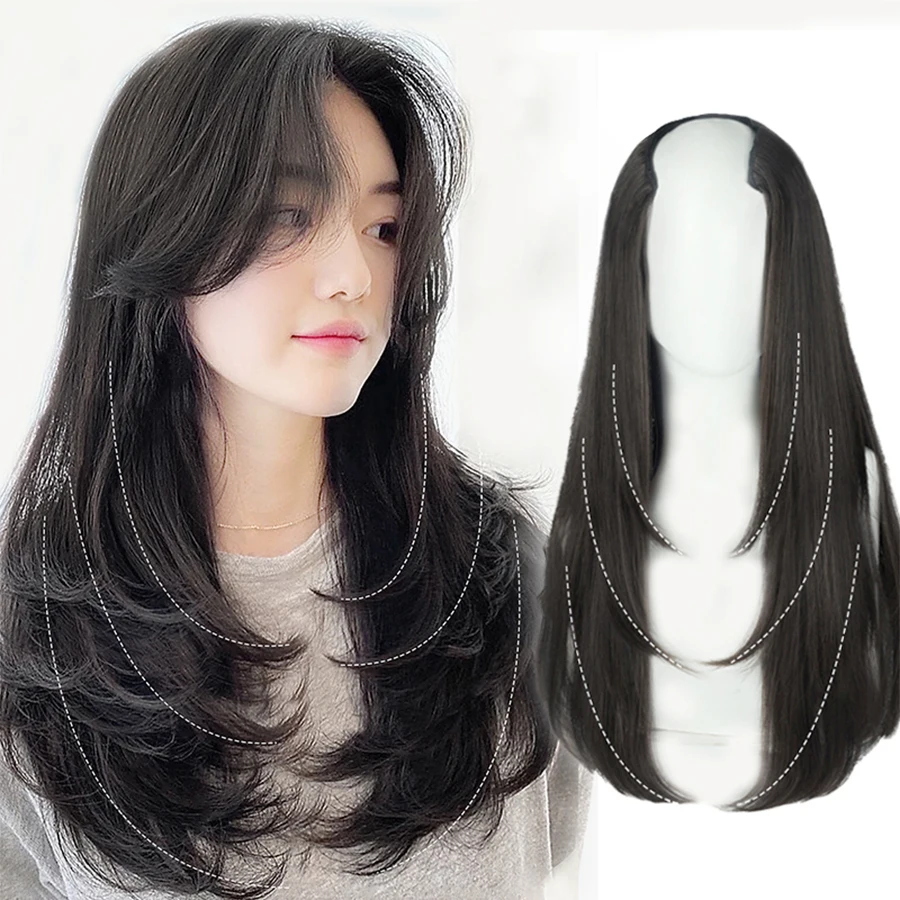 

22inch long synthetic Long straight hair 4 clip in hair extension u type wig black natural wig for women.