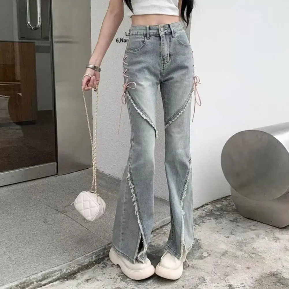 

Spliced Slit Trousers High Waist Flared Hem Ripped Jeans with Strap Decor Patchwork Detail Women's Streetwear Trousers