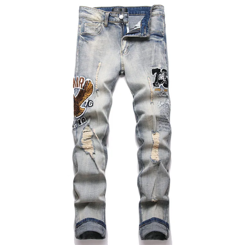 

2024 New Brand Punk Men Letter Embroidery Jeans Streetwear Holes Ripped Denim Pants Mens Hip Hop Slim Jean Hombre Trousers