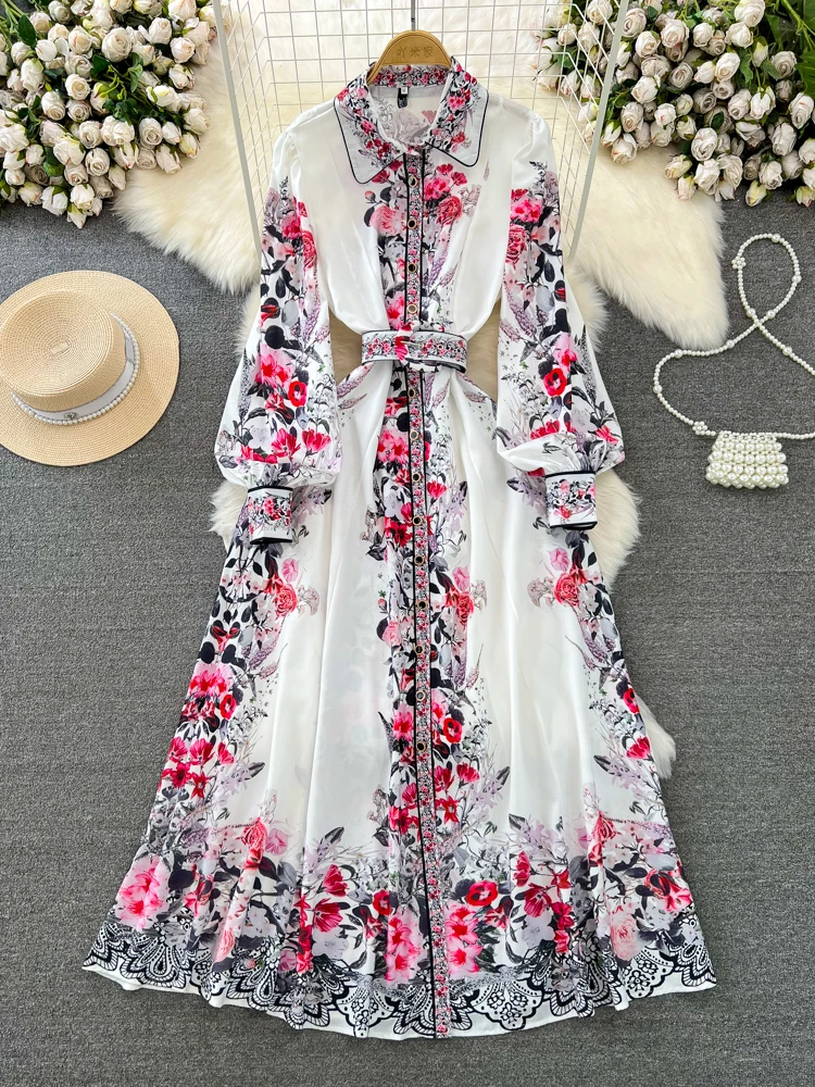 

Женское модельное платье-рубашка, винтажное Белое Платье макси с цветочным принтом, отложным воротником, рукавами-фонариками, пуговицами и поясом, весна-осень