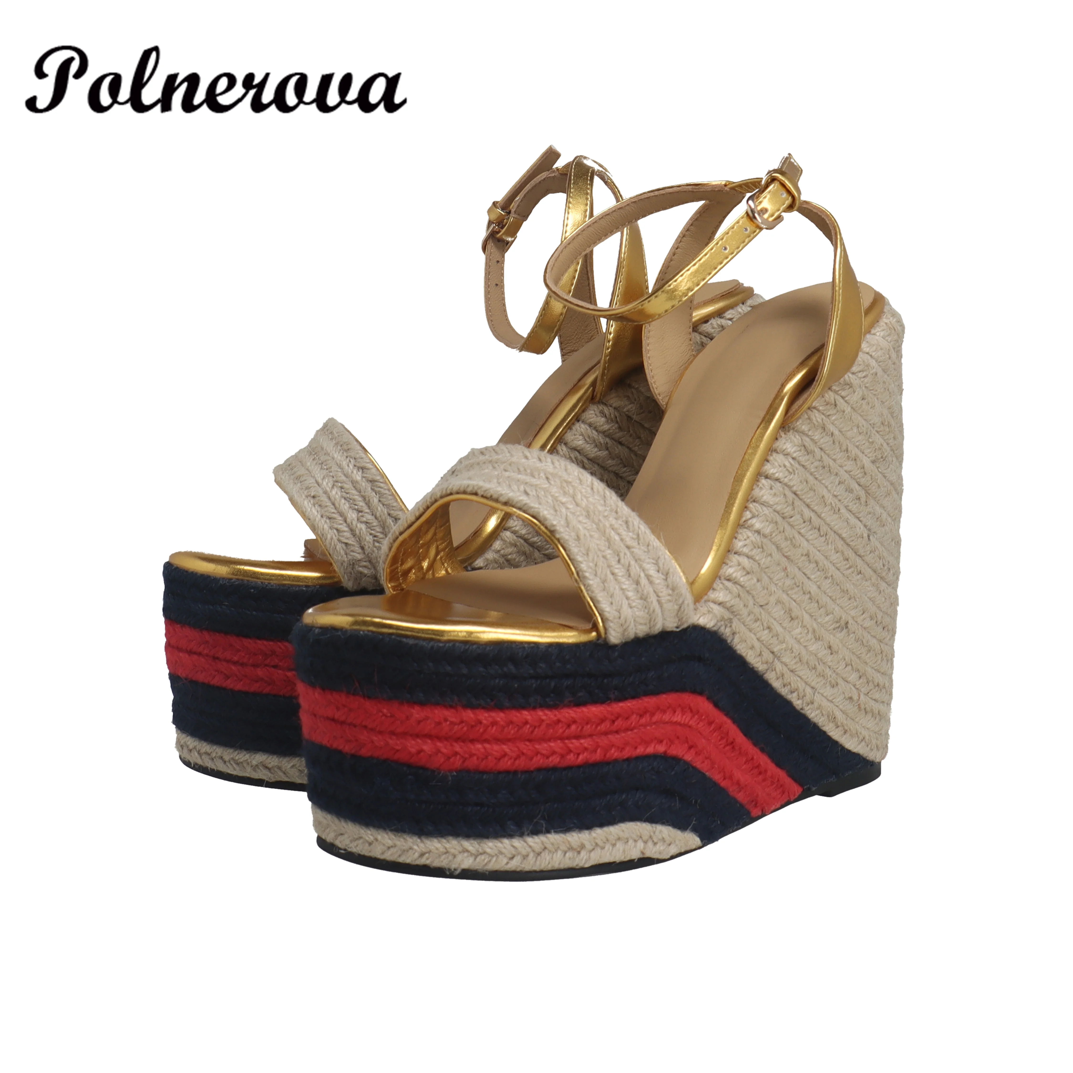 

Black Red Mixed Colors Wedge Espadrille Sandals Gold Bling Open Sandal Buckle Platform Increased Design Dress Casual Shoes