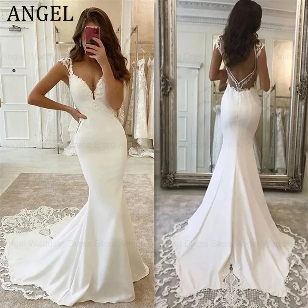 ANGEL Lace Appliques Deep V-Neck Mermaid Wedding Dresses Charming Cap Sleeve Long Sweep Train Backless Formal Satin Bridal Gown
ANGEL Lace Appliques Deep V-Neck Mermaid Wedding Dresses Charming Cap Sleeve Long Sweep Train Backless Formal Satin Bridal Gown
