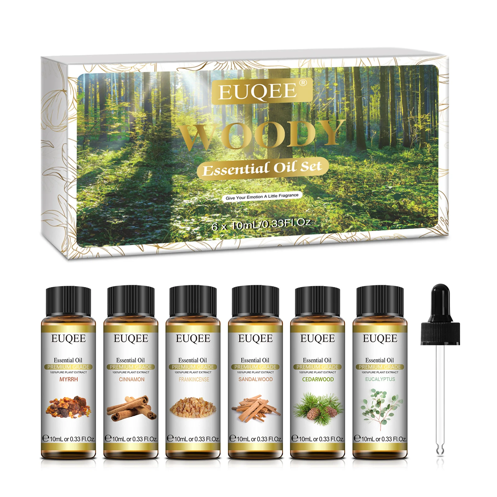 

EUQEE 6 pcs/set Woody Essential Oils Kit For Diffusion DIY Soap -Eucalyptus, Cedarwood, Sandalwood, Frankincense,Cinnamon,Myrrh