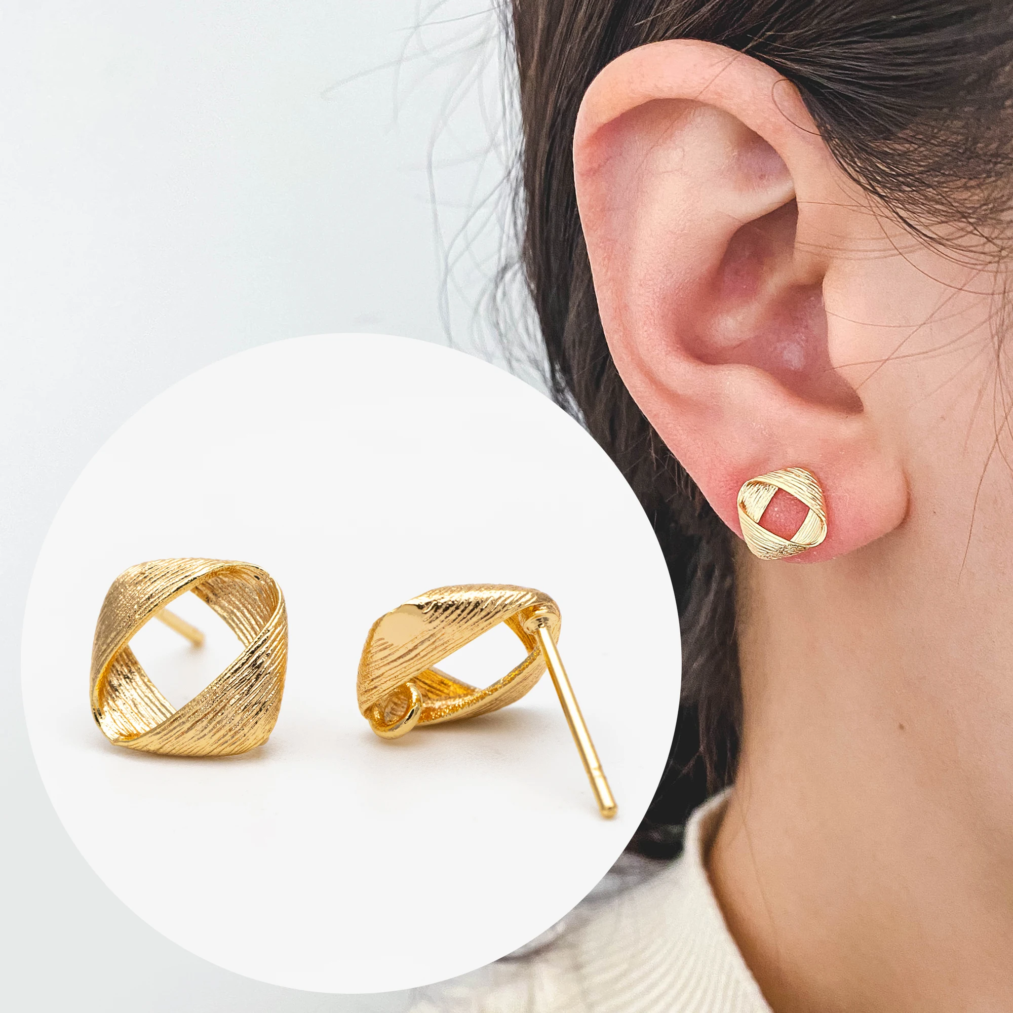 

10pcs Brushed Square Ear Posts 11x9mm, Real Gold Plated Brass Geometric Earring Studs (GB-2162)