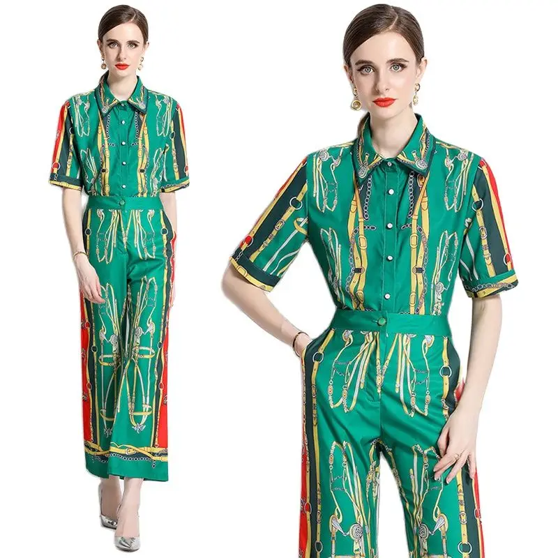 Pants and Shirt Two Piece Sets Summer Womens Designer Short Sleeve Blouse and Wide Leg Pant 2023 Print Green Vacation Suit
Pants and Shirt Two Piece Sets Summer Womens Designer Short Sleeve Blouse and Wide Leg Pant 2023 Print Green Vacation Suit