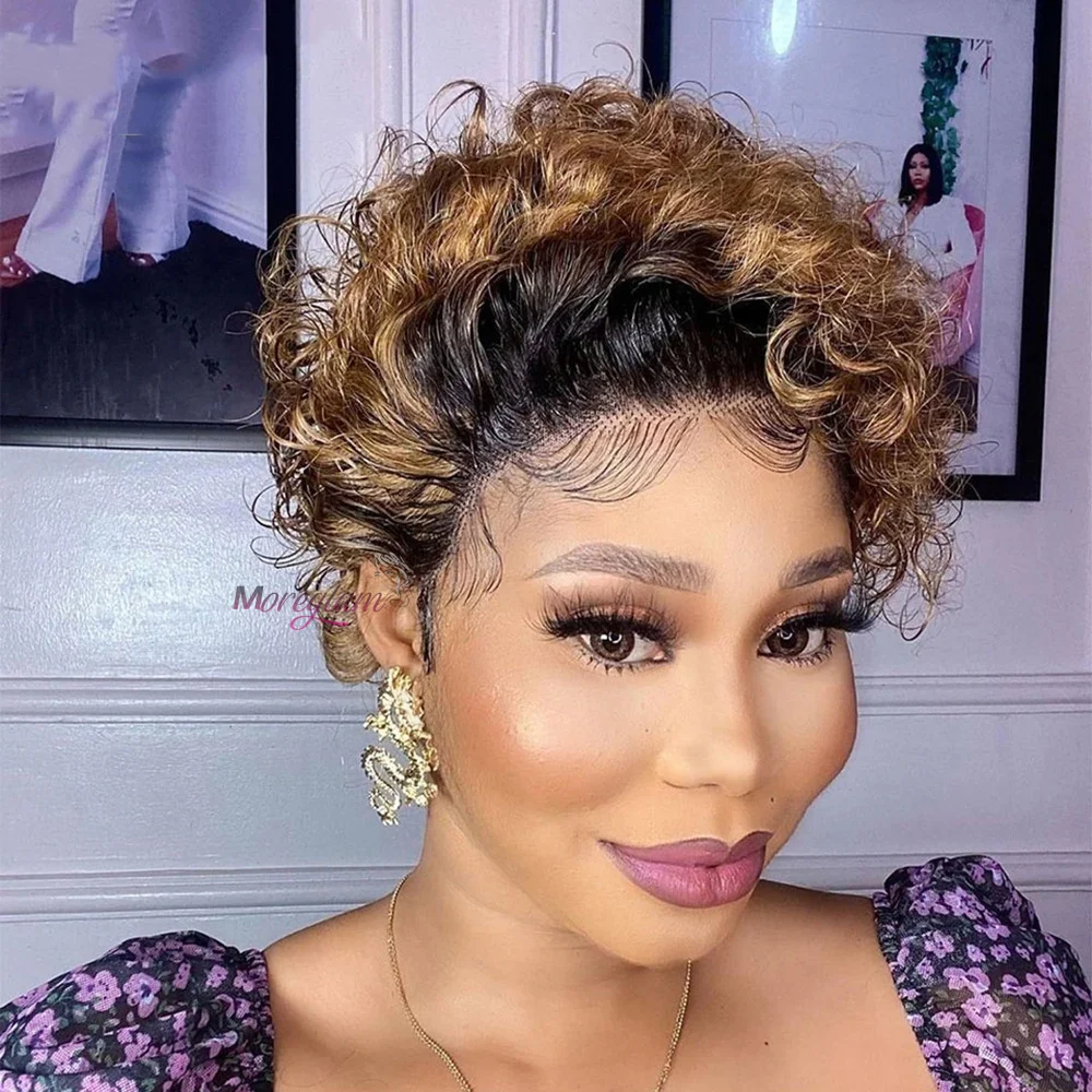 

Short Pixie Cut Lace Wig Ombre Blonde Curly Human Hair Wigs 13X1 Water Wave Remy Hair Lace Bob Wig For Black Women Brazilian Wig