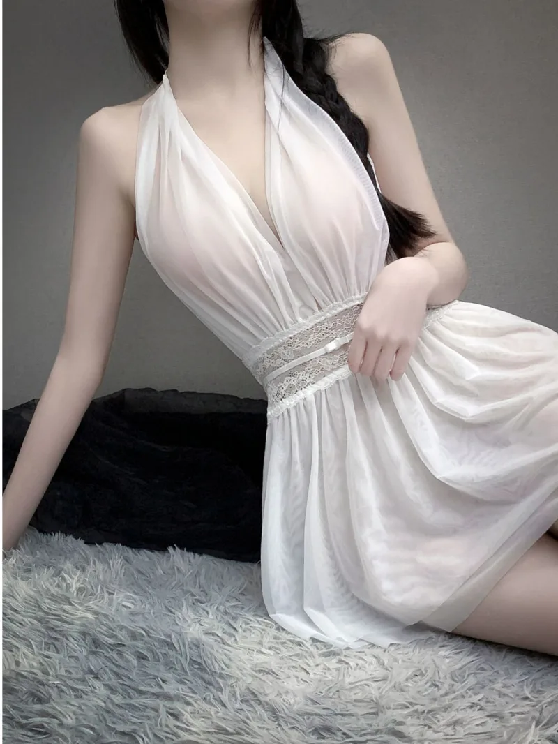 

Sexy Women's Lace Allure Deep V Hollow Out Mature Charm Elegant Gentle New Lingerie Thin Silk Smooth Home Clothes Dress 2WHZ