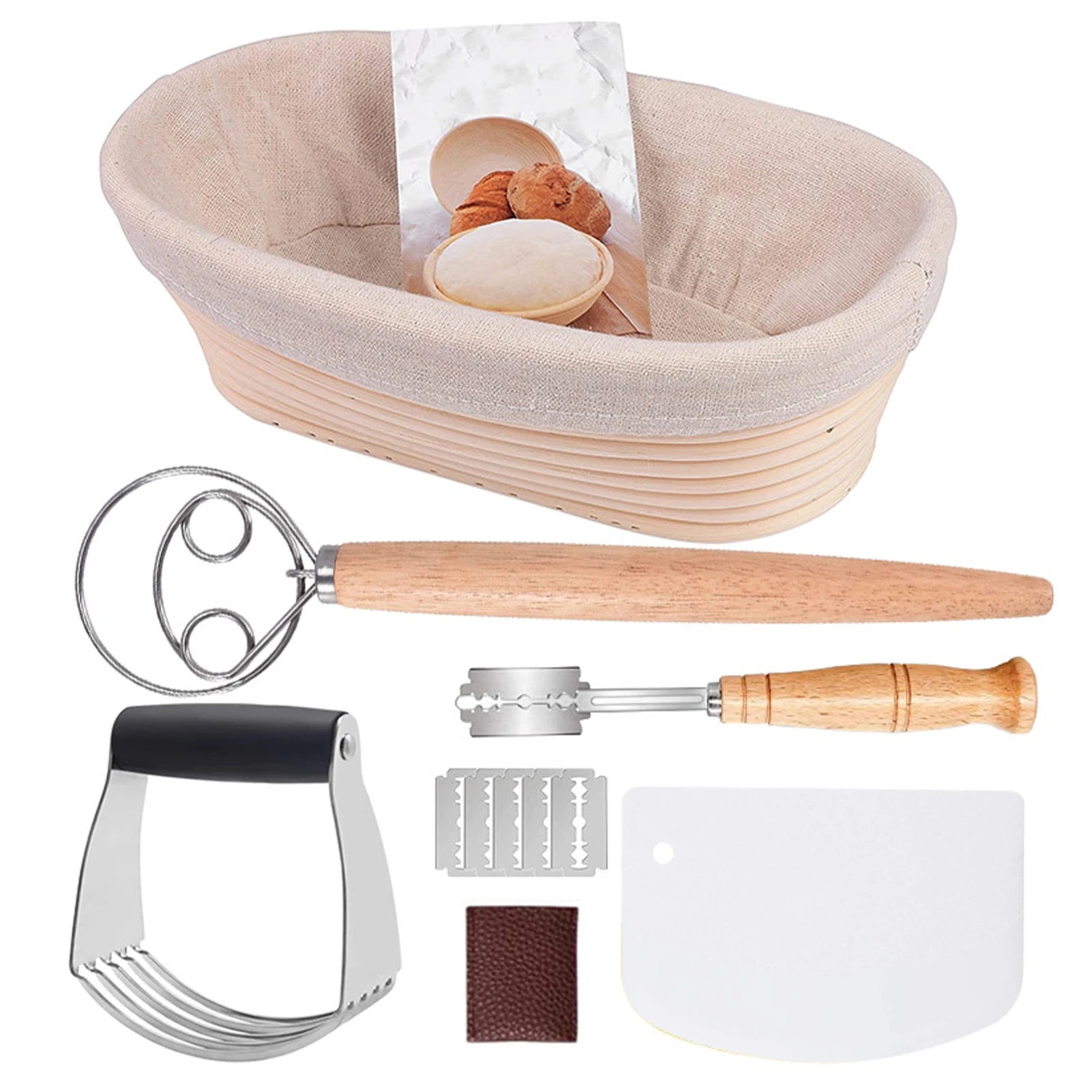 12pcs Bread Making Kit Blade Dough Scraper Lame Bread Proofing Basket With Liner Cloth Baking Tool Set Flour Stirrer
12pcs Bread Making Kit Blade Dough Scraper Lame Bread Proofing Basket With Liner Cloth Baking Tool Set Flour Stirrer