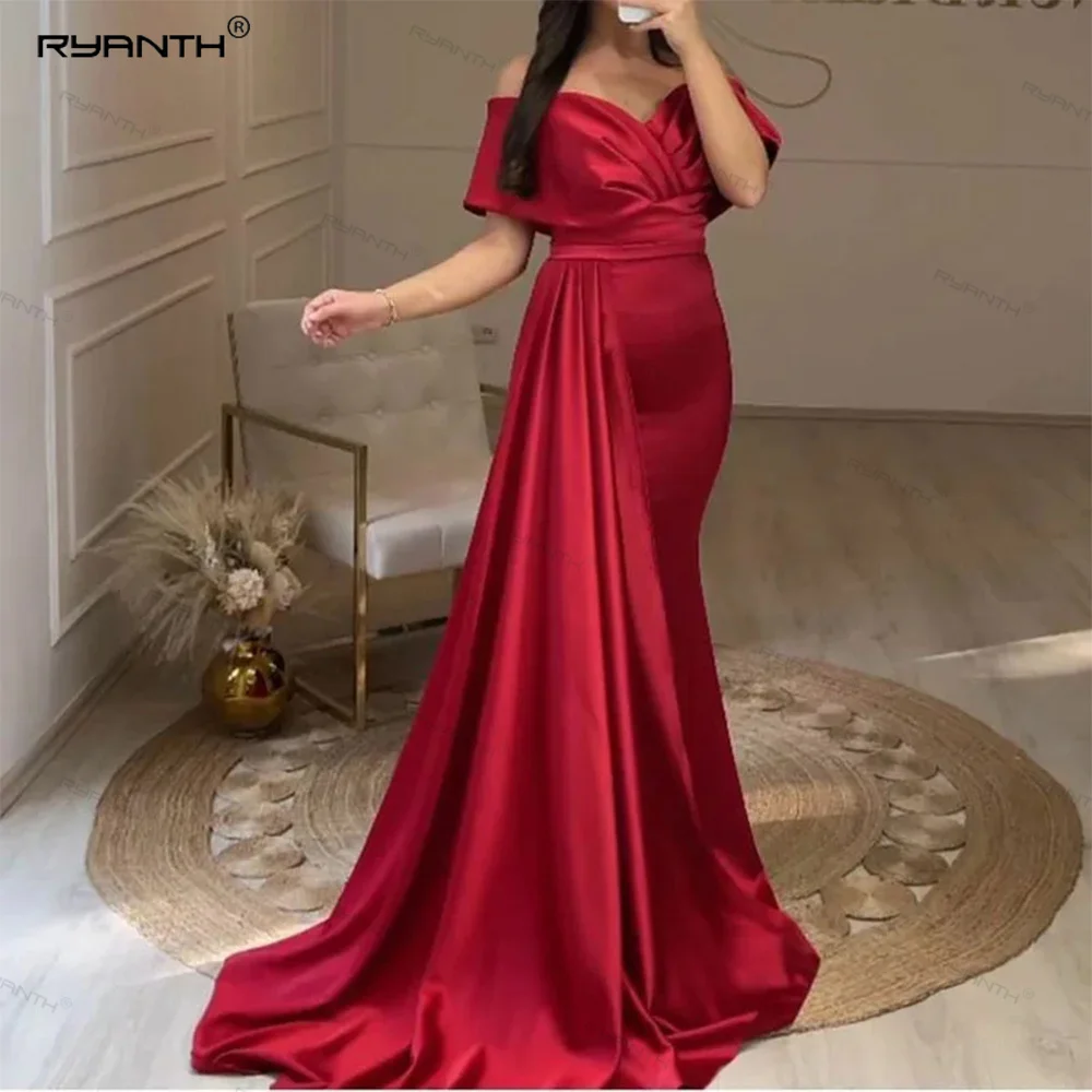 

Ryanth Burgundy Trumpet Prom Party Dress 2024 vestido fiesta mujer Pleats Simple Off Shoulder Formal Evening Dress For Women