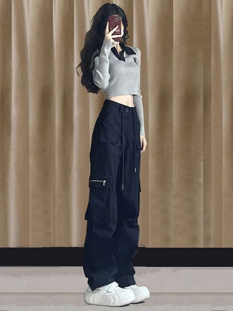 

Прямые женские комбинезоны с завышенной талией, новинка 2023, осенне-зимние американские винтажные Свободные повседневные брюки с широкими штанинами для полных девушек