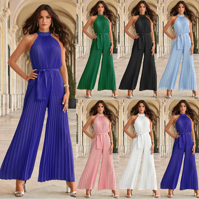 Fashion Women's Sexy Hanging Neck Sleeveless Pleated Jumpsuit Summer New High Waist Lace Up Slim Fit Pleated Wide Leg Pants
Fashion Women's Sexy Hanging Neck Sleeveless Pleated Jumpsuit Summer New High Waist Lace Up Slim Fit Pleated Wide Leg Pants