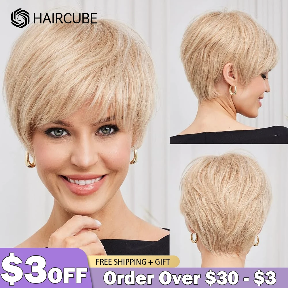 

HAIRCUBE Human Hair Wigs Pixie Cut Straight Wigs With Bang Creamy Blonde Layered Short Bob Wig for Women Glueless Human Hair Wig