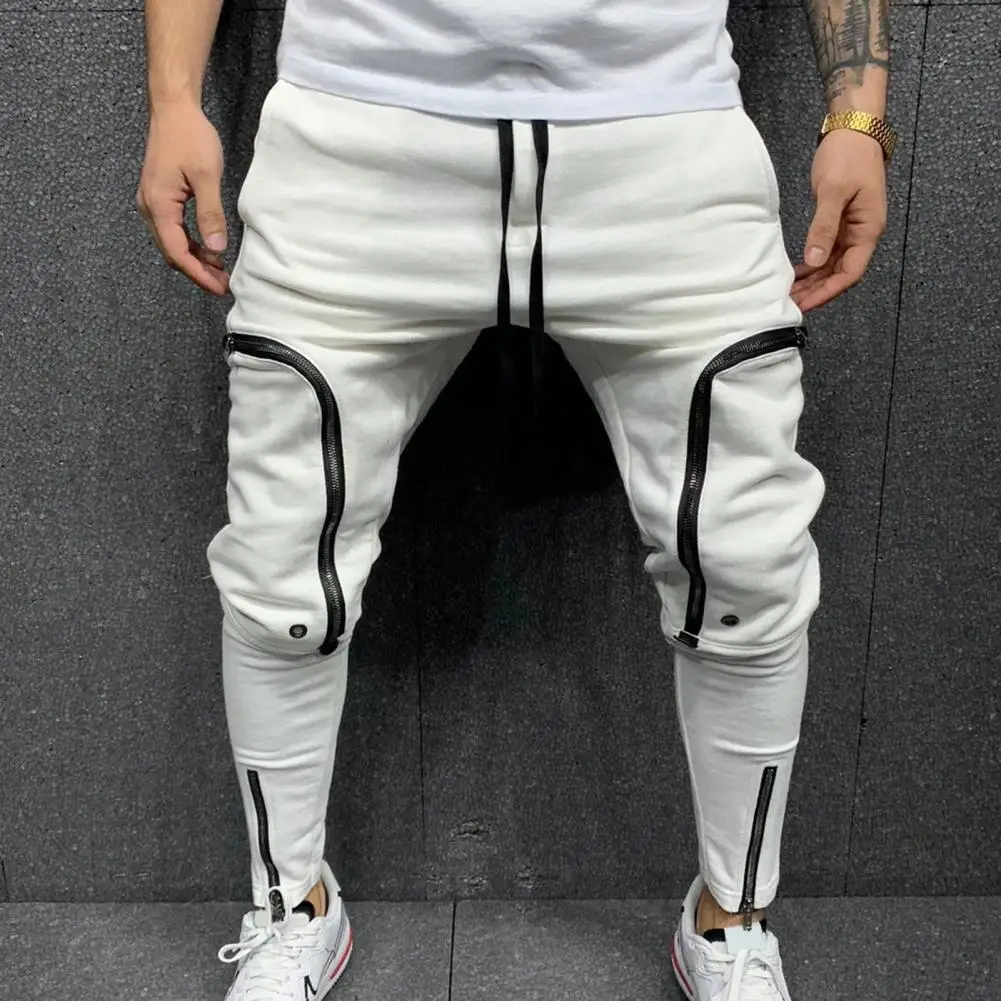 

Men Pants Solid Color Drawstring Casual Multi Zippers Pockets Trousers Streetwear Jogger Trousers Male Fitness Gyms Sweatpants
