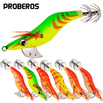 The New Dock Heavy Sea Fishing Wooden Shrimp Squid Hook Simulation 6-color Set Of Squid Needle Lure Fishing Gear