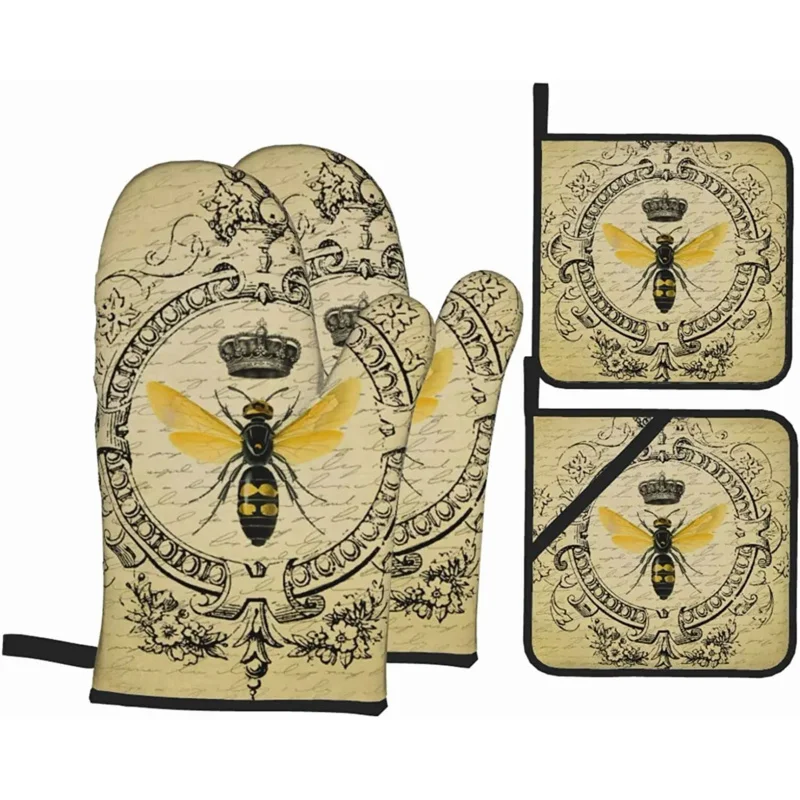 Modern Vintage French Queen Bee Oven Mitts and Pot Holders Set of 4 High Heat Resistant Oven Mitts with Oven Gloves and Hot Pads
Modern Vintage French Queen Bee Oven Mitts and Pot Holders Set of 4 High Heat Resistant Oven Mitts with Oven Gloves and Hot Pads