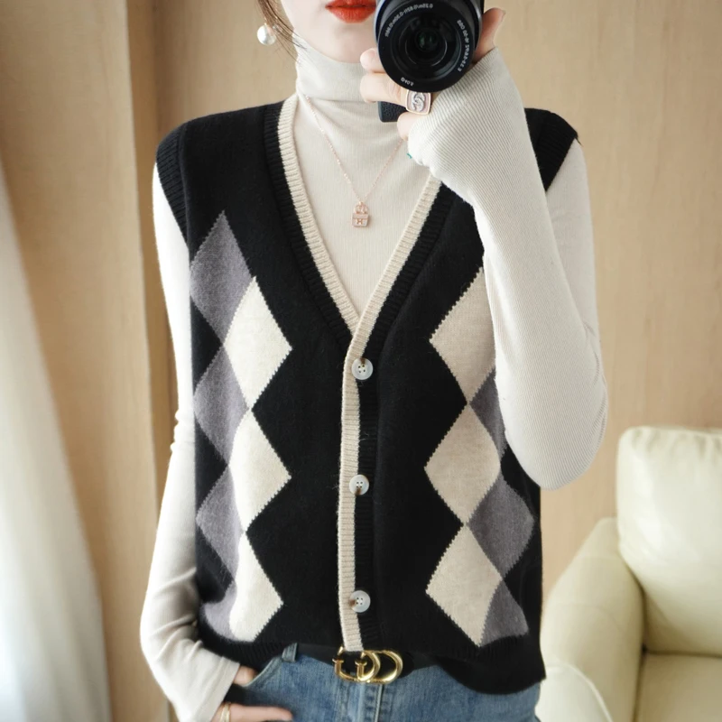 

Женский трикотажный пуловер с V-образным вырезом, осенне-зимний короткий СВОБОДНЫЙ Модный контрастный жилет без рукавов в клетку со стразами