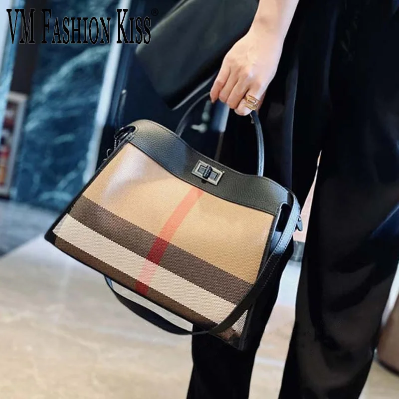 

VM FASHION KISS 2024 Striped Canvas + Genuine Leather Womens Bag Female HandBags Shoulder Women Bags Casual Totes Sac Main Femme