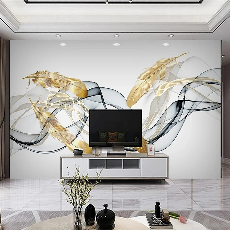 

Custom 3D Photo Wallpaper Abstract Light Luxury Nordic Simple Gold Feather Abstract Smoke TV Background Wall Papel De Parede Art