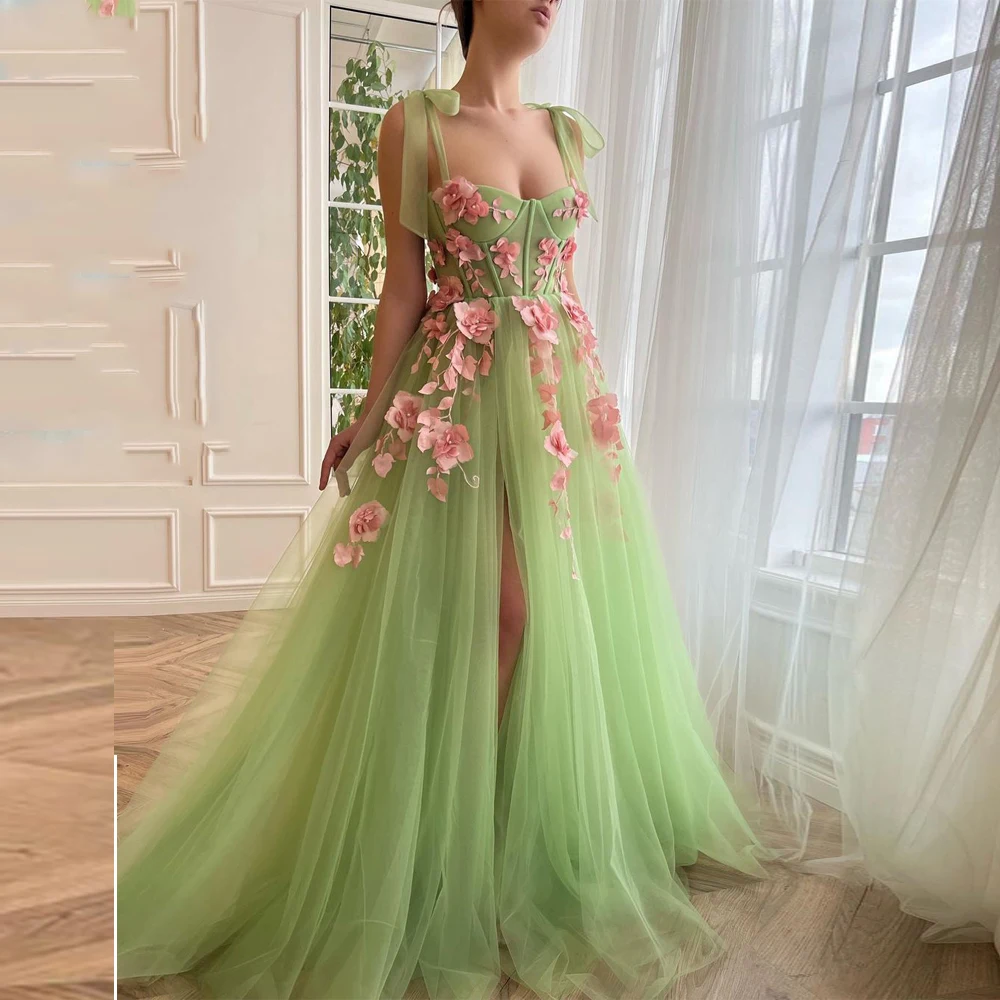 

Latest Spring Evening Dress Green Tulle Appliques Women Party Gown Spaghetti Strap Sweatheart Side Slit Prom Dresses 2023